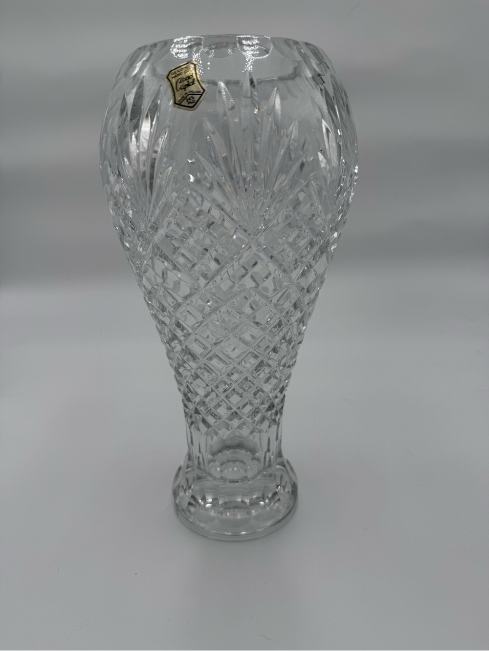 Hand‎ Cut 24% Lead Cut Crystal Vase 10" European Made In Poland "Flame" Pattern